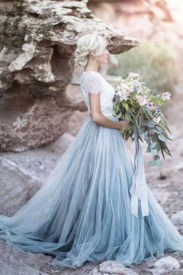 Blue Tulle Lace Top A-line Short Sleeves Wedding Dresses, Bridal Gown
