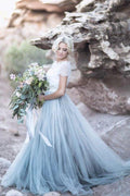 Blue Tulle Lace Top A-line Short Sleeves Wedding Dresses, Bridal Gown