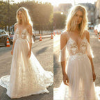 Boho Beach A Line Wedding Dresses Sexy Spaghetti Lace Appliques