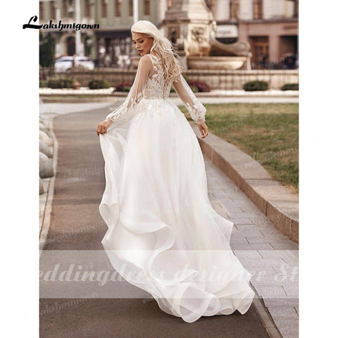 Vestidos de novia estilo bohemio de princesa, corte A, cuello en V, manga larga tipo farol, vestido de noche sencillo para playa