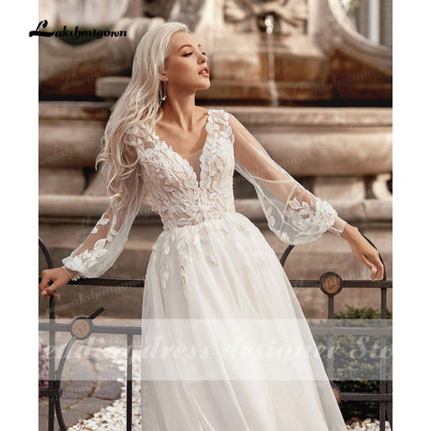 Vestidos de novia estilo bohemio de princesa, corte A, cuello en V, manga larga tipo farol, vestido de noche sencillo para playa