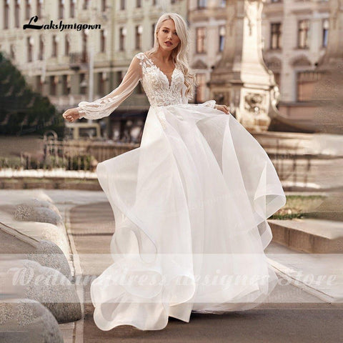 Vestidos de novia estilo bohemio de princesa, corte A, cuello en V, manga larga tipo farol, vestido de noche sencillo para playa