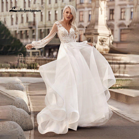 Vestidos de novia estilo bohemio de princesa, corte A, cuello en V, manga larga tipo farol, vestido de noche sencillo para playa