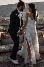 Charming Ivory Lace Floor Length V Neck Long Wedding Dresses on Line