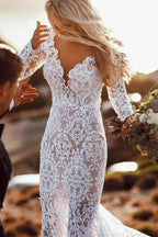 Charming Long Sleeve See Through Lace Rustic Mermaid Wedding Dress MW266 by Musebridals