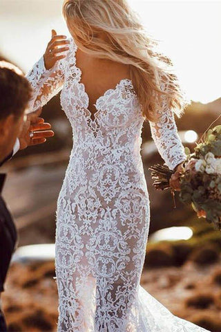 Vestido de novia estilo sirena rústico con mangas largas y encaje transparente MW266