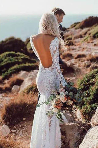 Vestido de novia estilo sirena rústico con mangas largas y encaje transparente MW266