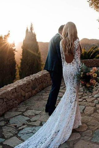 Vestido de novia estilo sirena rústico con mangas largas y encaje transparente MW266