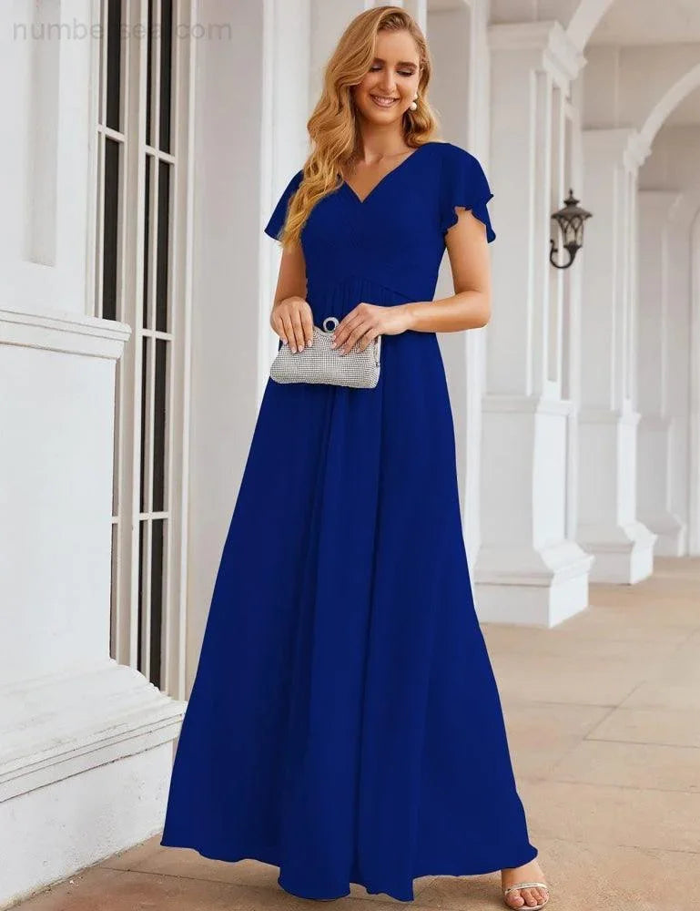 Numbersea Chiffon-Brautjungfernkleid mit kurzen Ärmeln, Maxikleid, Abendkleid, Partykleid, Hochzeitskleid, Mutter-der-Braut-Kleid für Damen SEA28047 