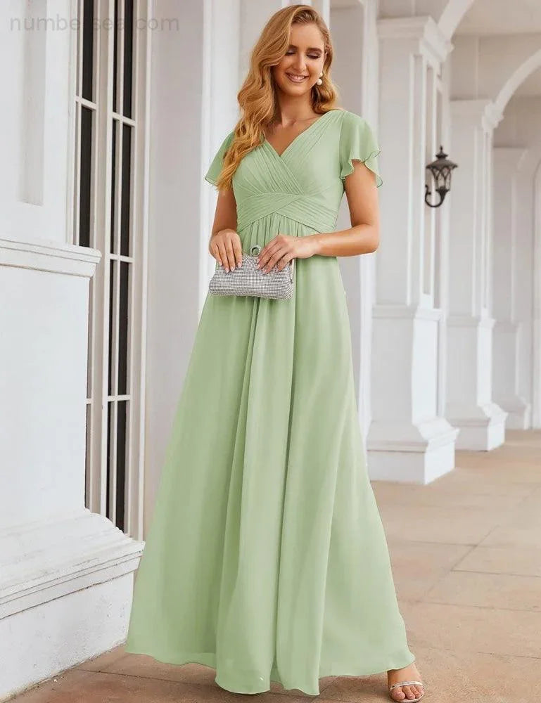 Numbersea Chiffon-Brautjungfernkleid mit kurzen Ärmeln, Maxikleid, Abendkleid, Partykleid, Hochzeitskleid, Mutter-der-Braut-Kleid für Damen SEA28047 