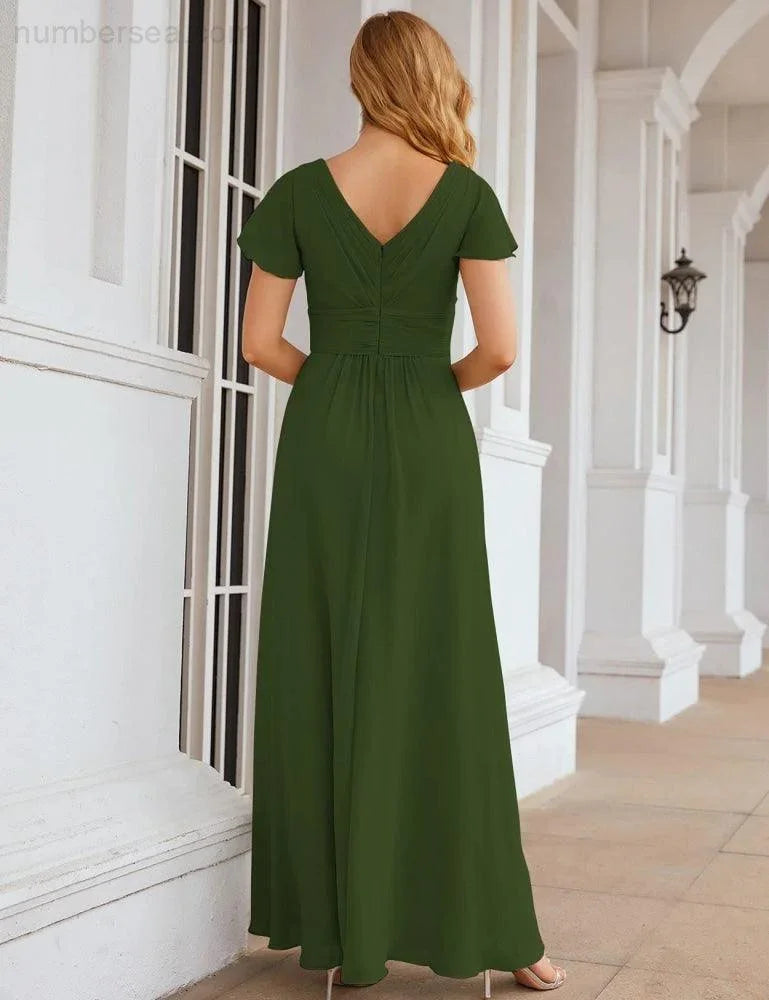 Numbersea Chiffon-Brautjungfernkleid mit kurzen Ärmeln, Maxikleid, Abendkleid, Partykleid, Hochzeitskleid, Mutter-der-Braut-Kleid für Damen SEA28047 