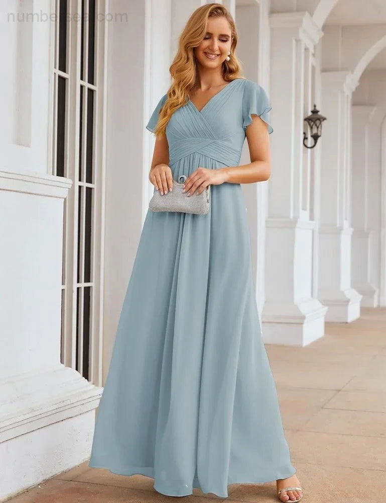 Numbersea Chiffon-Brautjungfernkleid mit kurzen Ärmeln, Maxikleid, Abendkleid, Partykleid, Hochzeitskleid, Mutter-der-Braut-Kleid für Damen SEA28047 