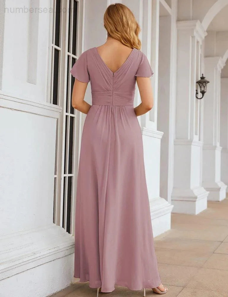 Numbersea Chiffon-Brautjungfernkleid mit kurzen Ärmeln, Maxikleid, Abendkleid, Partykleid, Hochzeitskleid, Mutter-der-Braut-Kleid für Damen SEA28047 