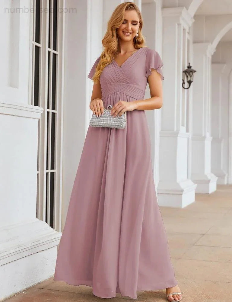 Numbersea Chiffon-Brautjungfernkleid mit kurzen Ärmeln, Maxikleid, Abendkleid, Partykleid, Hochzeitskleid, Mutter-der-Braut-Kleid für Damen SEA28047 