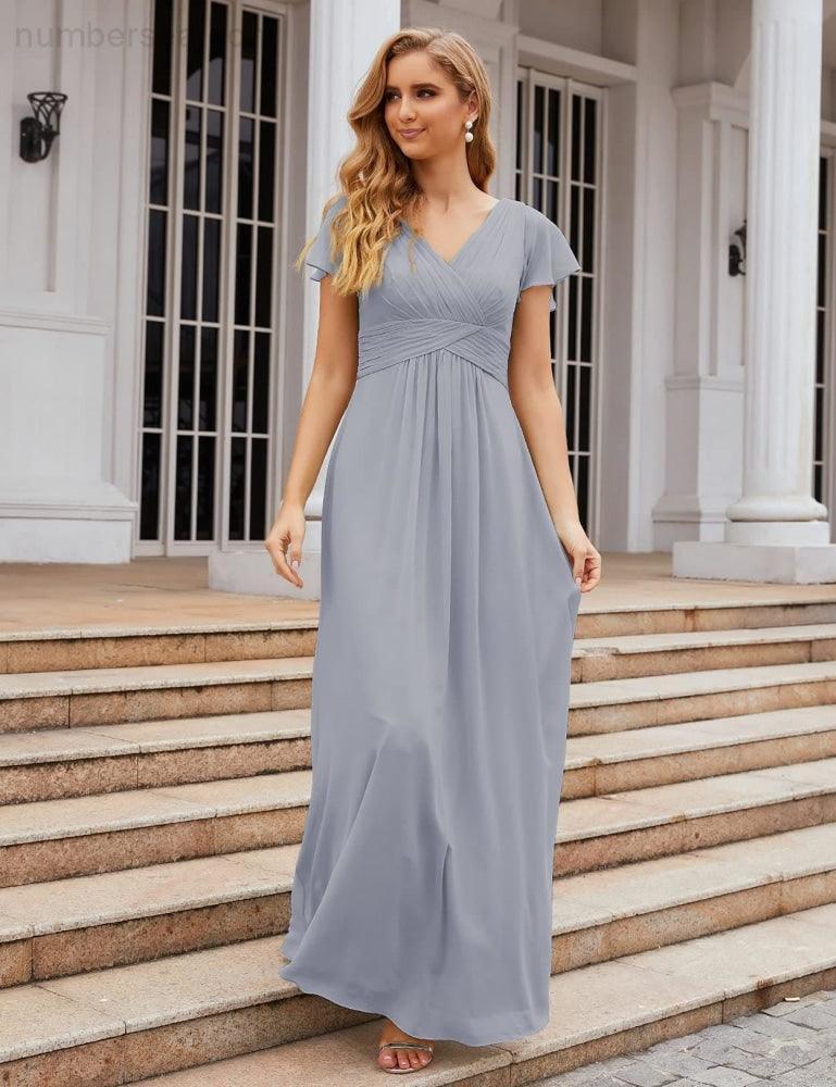 Numbersea Chiffon-Brautjungfernkleid mit kurzen Ärmeln, Maxikleid, Abendkleid, Partykleid, Hochzeitskleid, Mutter-der-Braut-Kleid für Damen SEA28047 