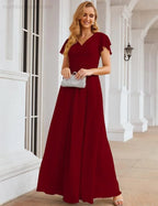 Numbersea Chiffon-Brautjungfernkleid mit kurzen Ärmeln, Maxikleid, Abendkleid, Partykleid, Hochzeitskleid, Mutter-der-Braut-Kleid für Damen SEA28047 