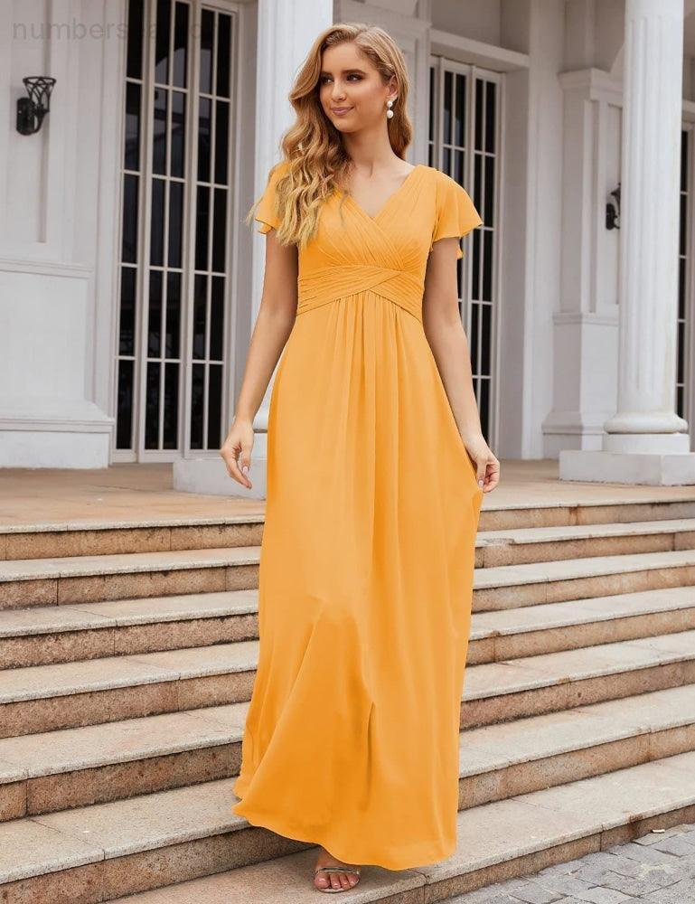 Numbersea Chiffon-Brautjungfernkleid mit kurzen Ärmeln, Maxikleid, Abendkleid, Partykleid, Hochzeitskleid, Mutter-der-Braut-Kleid für Damen SEA28047 