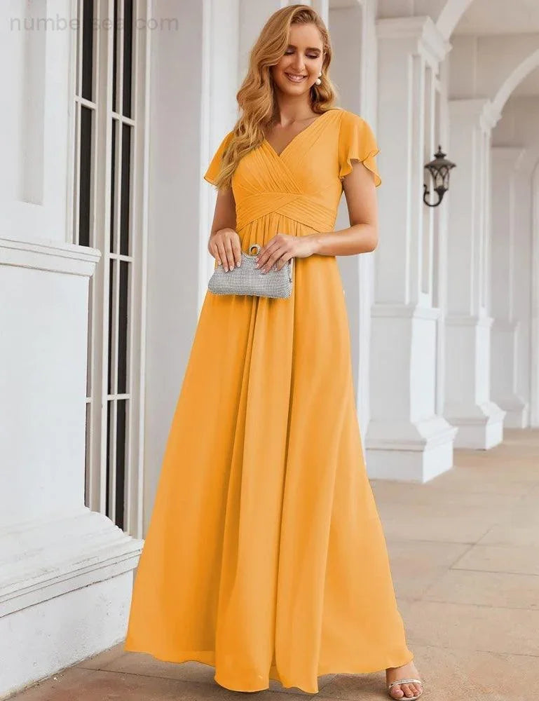 Numbersea Chiffon-Brautjungfernkleid mit kurzen Ärmeln, Maxikleid, Abendkleid, Partykleid, Hochzeitskleid, Mutter-der-Braut-Kleid für Damen SEA28047 