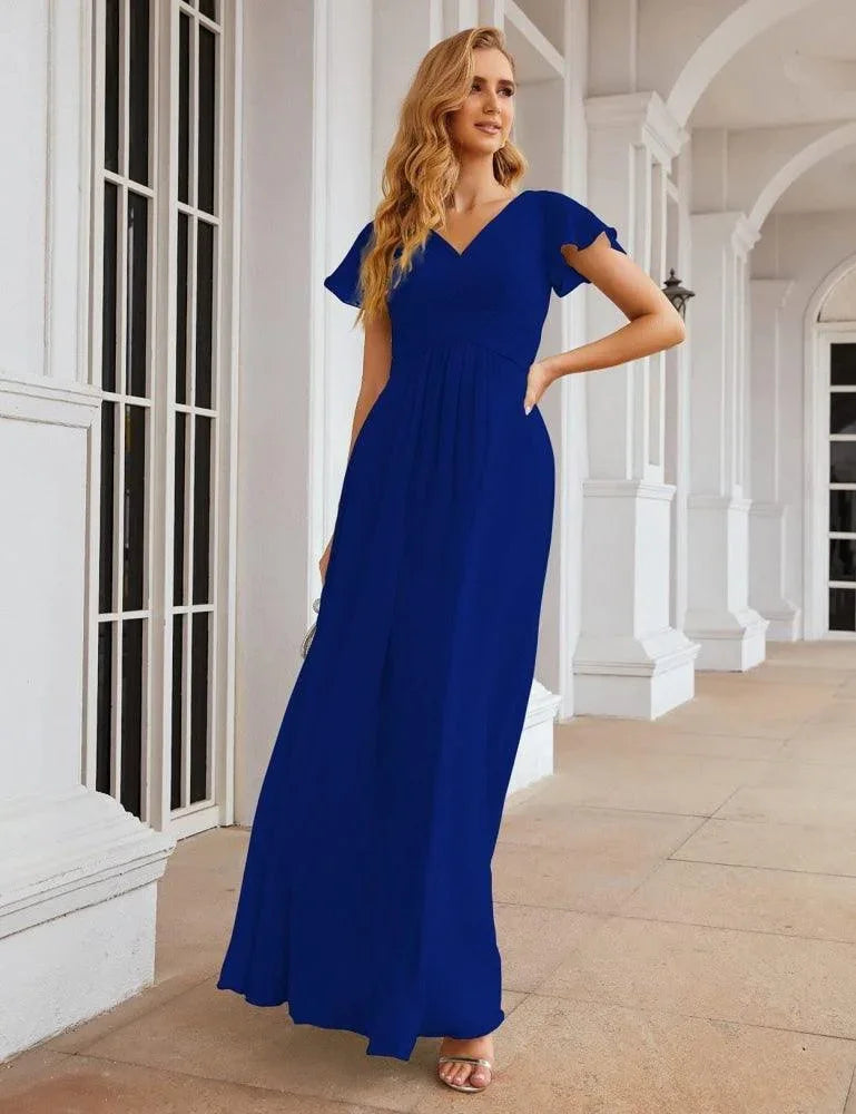 Numbersea Chiffon-Brautjungfernkleid mit kurzen Ärmeln, Maxikleid, Abendkleid, Partykleid, Hochzeitskleid, Mutter-der-Braut-Kleid für Damen SEA28047 