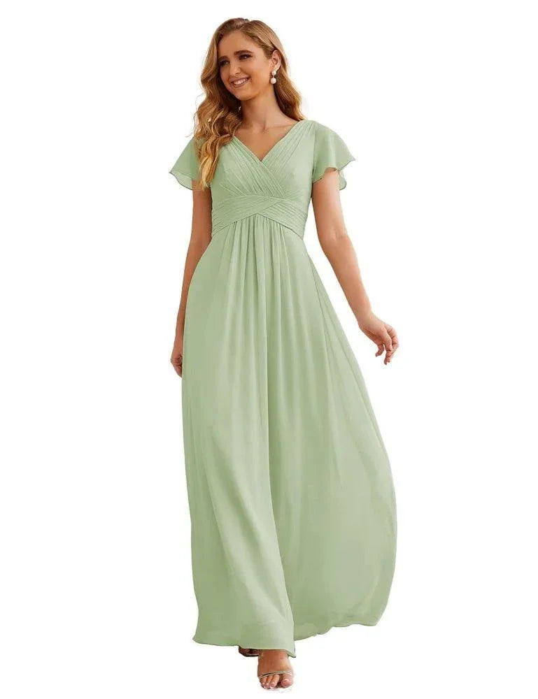 Numbersea Chiffon-Brautjungfernkleid mit kurzen Ärmeln, Maxikleid, Abendkleid, Partykleid, Hochzeitskleid, Mutter-der-Braut-Kleid für Damen SEA28047 