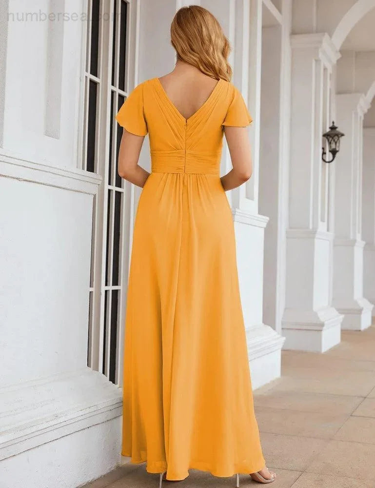 Numbersea Chiffon-Brautjungfernkleid mit kurzen Ärmeln, Maxikleid, Abendkleid, Partykleid, Hochzeitskleid, Mutter-der-Braut-Kleid für Damen SEA28047 
