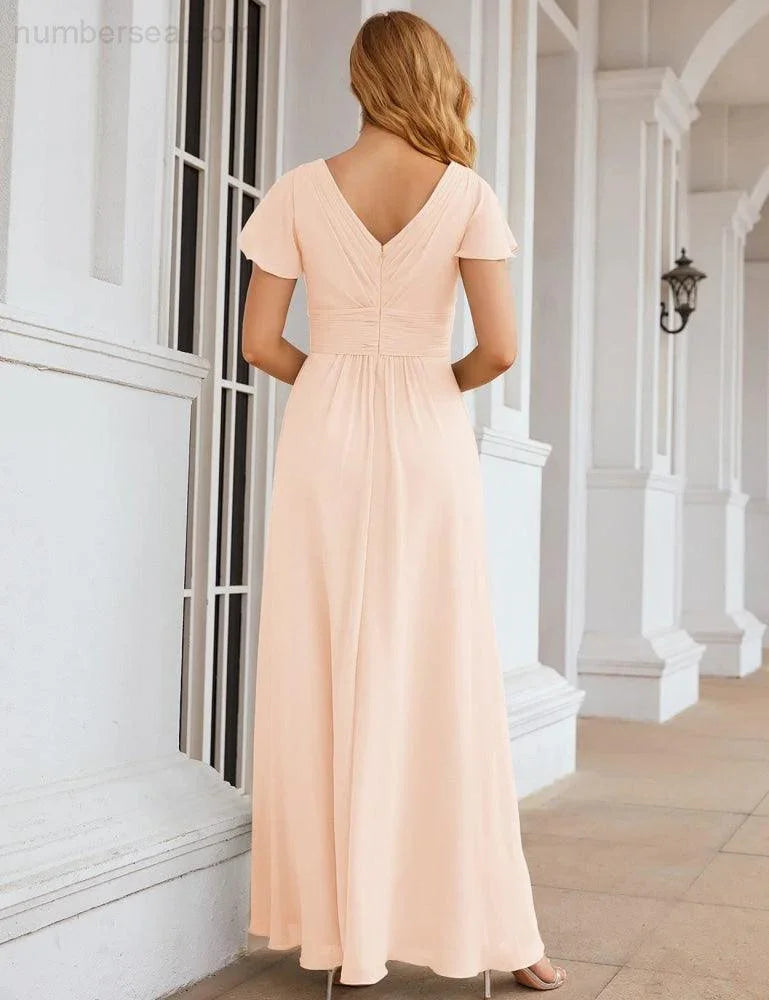 Numbersea Chiffon-Brautjungfernkleid mit kurzen Ärmeln, Maxikleid, Abendkleid, Partykleid, Hochzeitskleid, Mutter-der-Braut-Kleid für Damen SEA28047 
