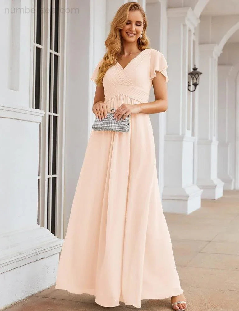 Numbersea Chiffon-Brautjungfernkleid mit kurzen Ärmeln, Maxikleid, Abendkleid, Partykleid, Hochzeitskleid, Mutter-der-Braut-Kleid für Damen SEA28047 