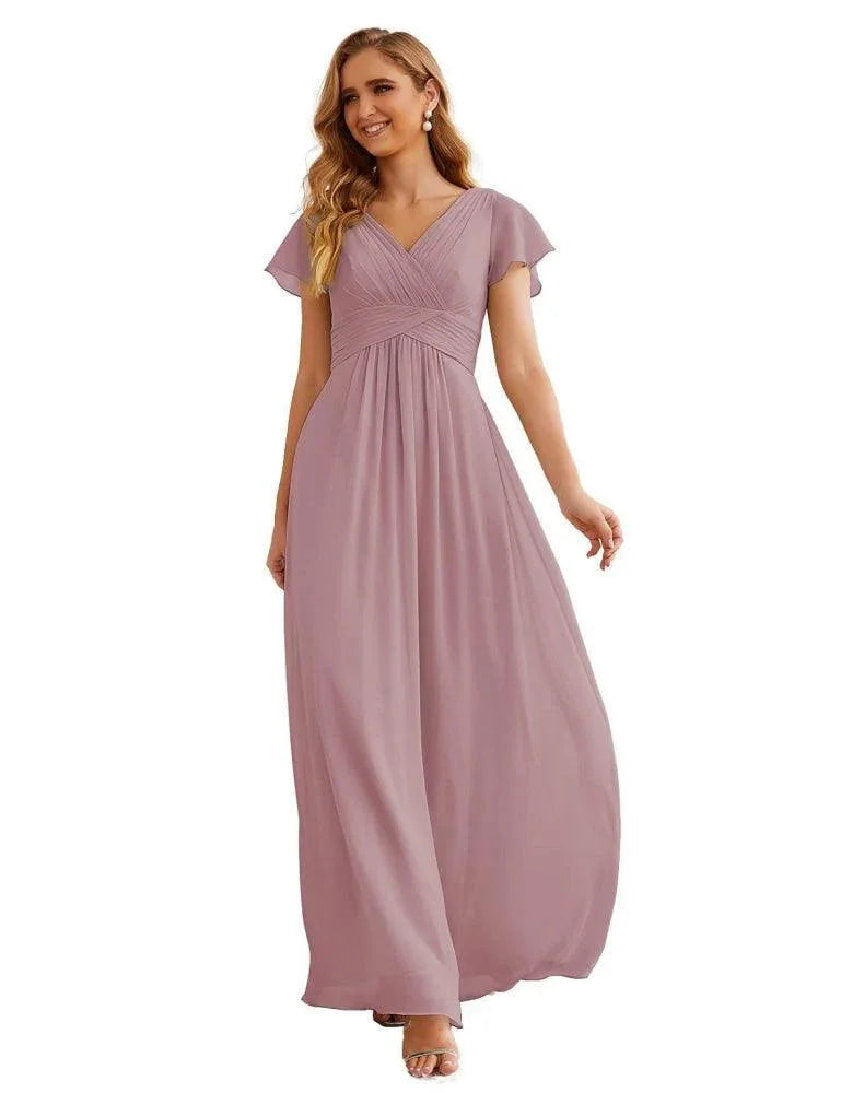 Numbersea Chiffon-Brautjungfernkleid mit kurzen Ärmeln, Maxikleid, Abendkleid, Partykleid, Hochzeitskleid, Mutter-der-Braut-Kleid für Damen SEA28047 