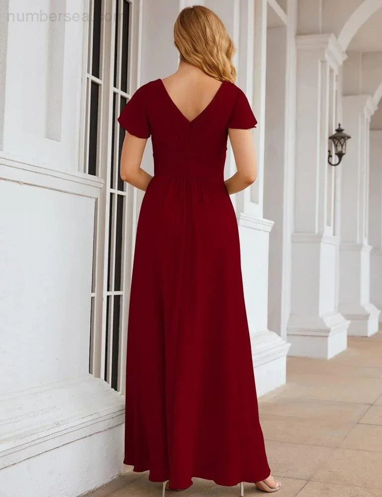 Numbersea Chiffon-Brautjungfernkleid mit kurzen Ärmeln, Maxikleid, Abendkleid, Partykleid, Hochzeitskleid, Mutter-der-Braut-Kleid für Damen SEA28047 