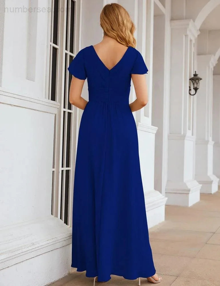 Numbersea Chiffon-Brautjungfernkleid mit kurzen Ärmeln, Maxikleid, Abendkleid, Partykleid, Hochzeitskleid, Mutter-der-Braut-Kleid für Damen SEA28047 
