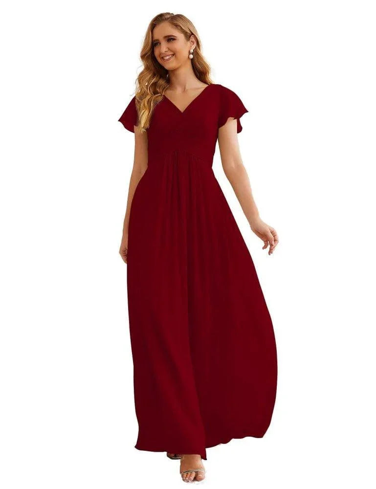 Numbersea Chiffon-Brautjungfernkleid mit kurzen Ärmeln, Maxikleid, Abendkleid, Partykleid, Hochzeitskleid, Mutter-der-Braut-Kleid für Damen SEA28047 