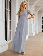 Numbersea Chiffon-Brautjungfernkleid mit kurzen Ärmeln, Maxikleid, Abendkleid, Partykleid, Hochzeitskleid, Mutter-der-Braut-Kleid für Damen SEA28047 