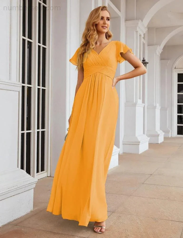 Numbersea Chiffon-Brautjungfernkleid mit kurzen Ärmeln, Maxikleid, Abendkleid, Partykleid, Hochzeitskleid, Mutter-der-Braut-Kleid für Damen SEA28047 