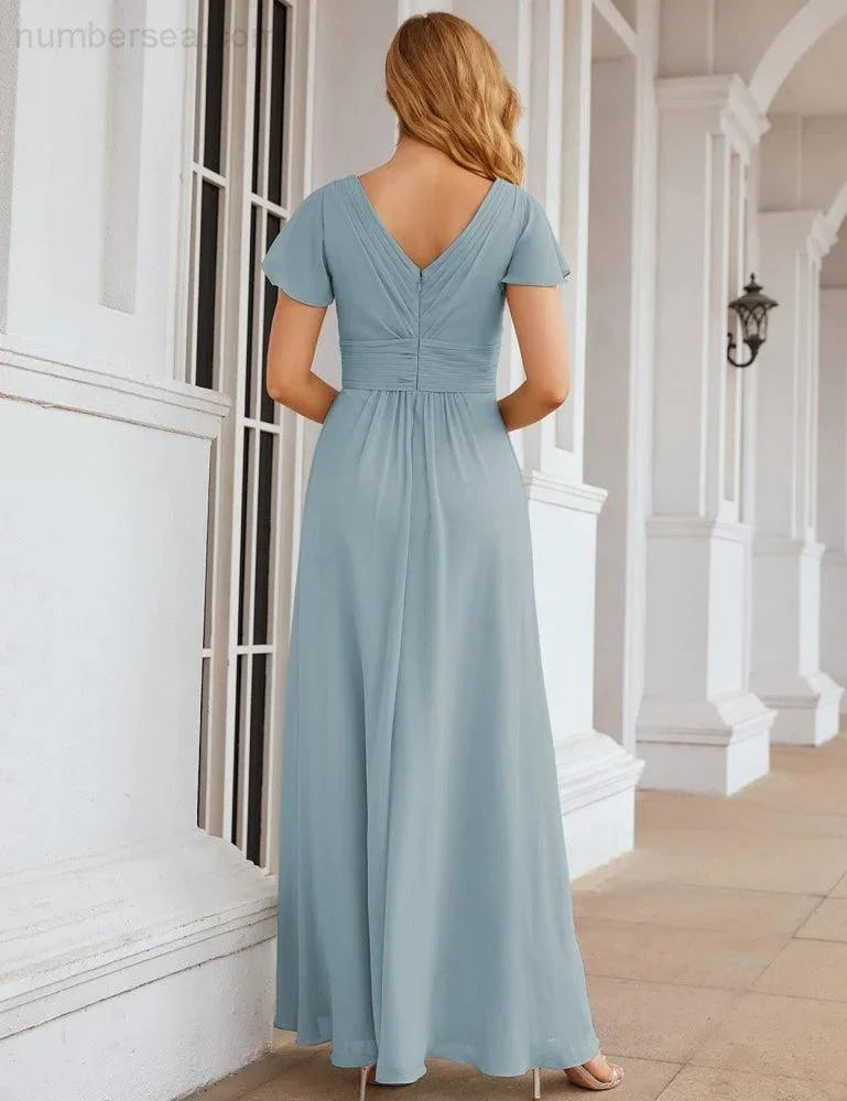 Numbersea Chiffon-Brautjungfernkleid mit kurzen Ärmeln, Maxikleid, Abendkleid, Partykleid, Hochzeitskleid, Mutter-der-Braut-Kleid für Damen SEA28047 