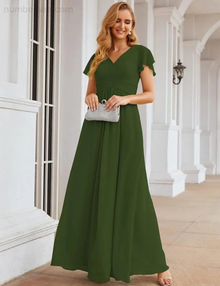 Numbersea Chiffon-Brautjungfernkleid mit kurzen Ärmeln, Maxikleid, Abendkleid, Partykleid, Hochzeitskleid, Mutter-der-Braut-Kleid für Damen SEA28047 