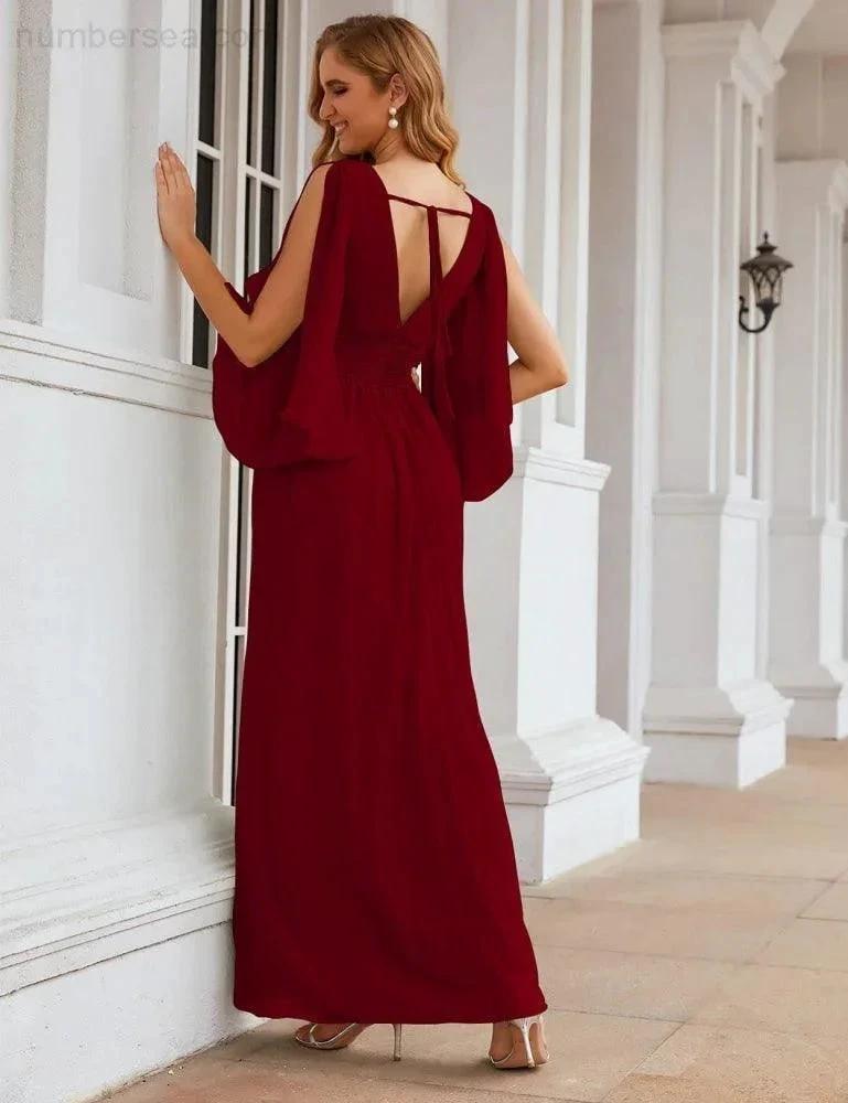 Numbersea Chiffon Bridesmaid Dresses with Split for Women Wedding Long Party Prom Gown Flutter Sleeve SEA28045 by numbersea