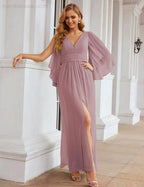 Numbersea Chiffon Bridesmaid Dresses with Split for Women Wedding Long Party Prom Gown Flutter Sleeve SEA28045 by numbersea