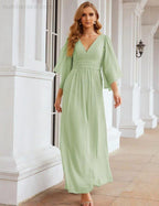 Numbersea Chiffon Bridesmaid Dresses with Split for Women Wedding Long Party Prom Gown Flutter Sleeve SEA28045 by numbersea