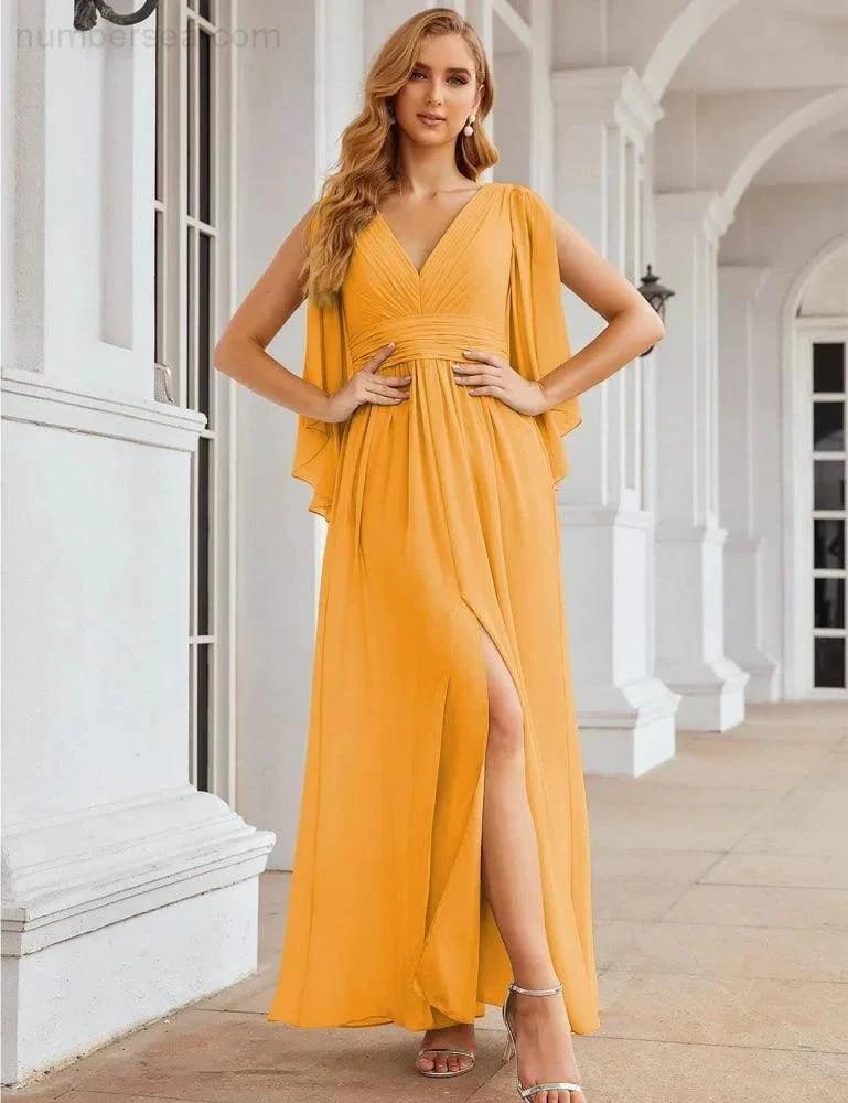 Numbersea Chiffon Bridesmaid Dresses with Split for Women Wedding Long Party Prom Gown Flutter Sleeve SEA28045 by numbersea