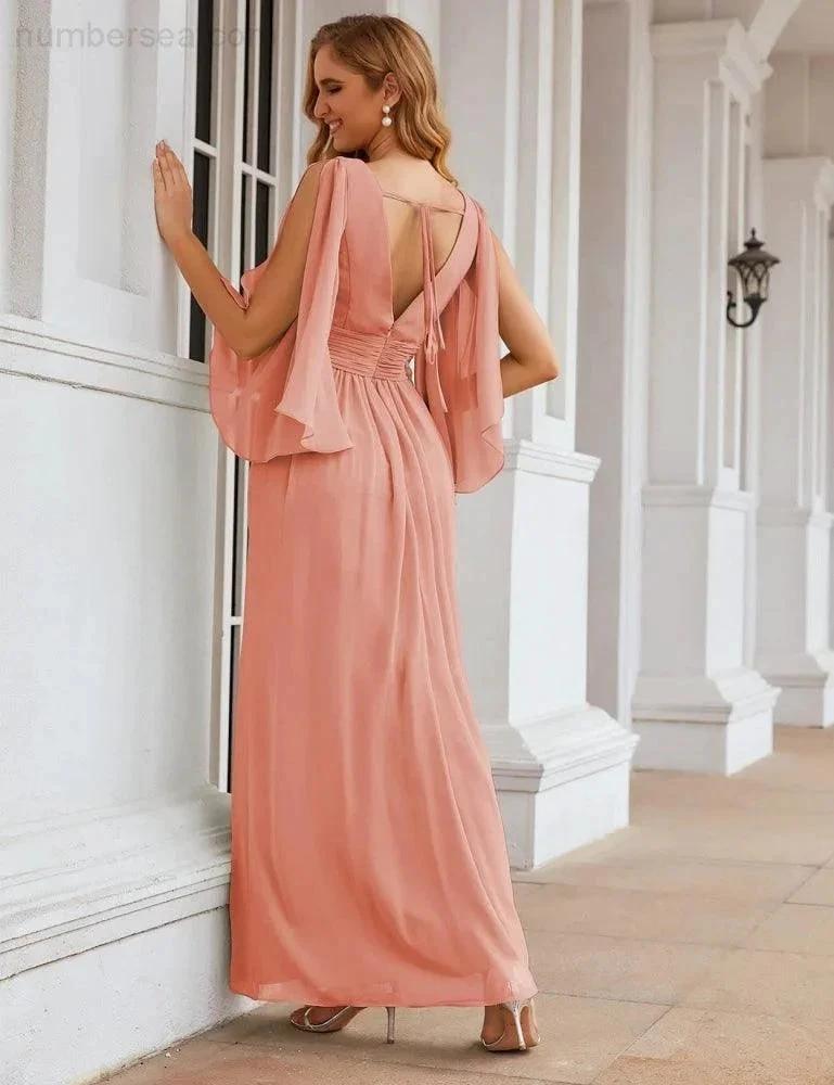 Numbersea Chiffon Bridesmaid Dresses with Split for Women Wedding Long Party Prom Gown Flutter Sleeve SEA28045 by numbersea