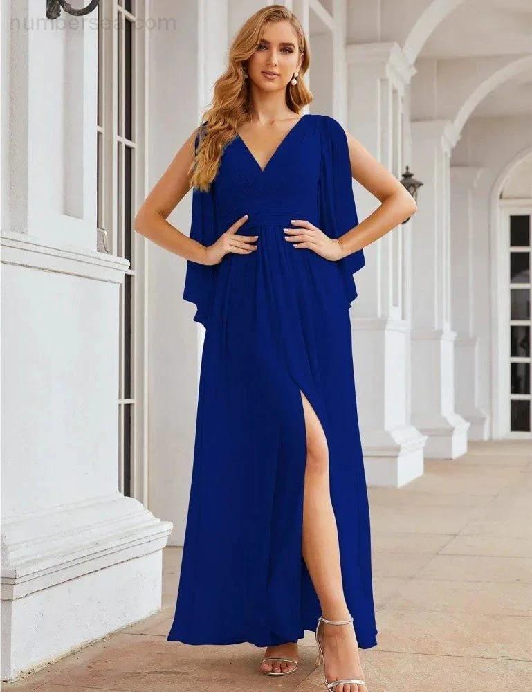 Numbersea Chiffon Bridesmaid Dresses with Split for Women Wedding Long Party Prom Gown Flutter Sleeve SEA28045 by numbersea
