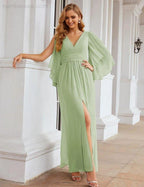 Numbersea Chiffon Bridesmaid Dresses with Split for Women Wedding Long Party Prom Gown Flutter Sleeve SEA28045 by numbersea