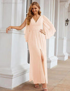 Numbersea Chiffon Bridesmaid Dresses with Split for Women Wedding Long Party Prom Gown Flutter Sleeve SEA28045 by numbersea