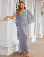 Numbersea Chiffon Bridesmaid Dresses with Split for Women Wedding Long Party Prom Gown Flutter Sleeve SEA28045 by numbersea