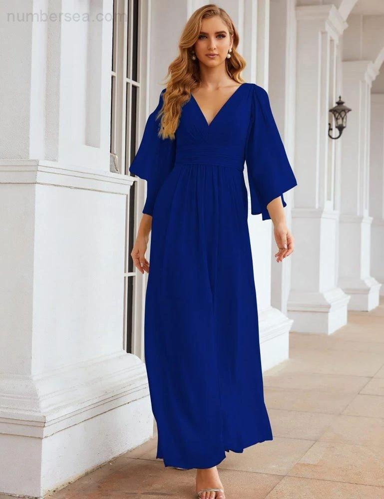 Numbersea Chiffon Bridesmaid Dresses with Split for Women Wedding Long Party Prom Gown Flutter Sleeve SEA28045 by numbersea