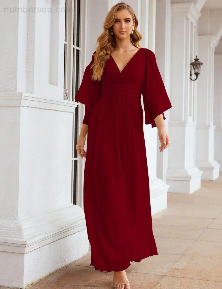 Numbersea Chiffon Bridesmaid Dresses with Split for Women Wedding Long Party Prom Gown Flutter Sleeve SEA28045 by numbersea