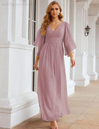 Numbersea Chiffon Bridesmaid Dresses with Split for Women Wedding Long Party Prom Gown Flutter Sleeve SEA28045 by numbersea