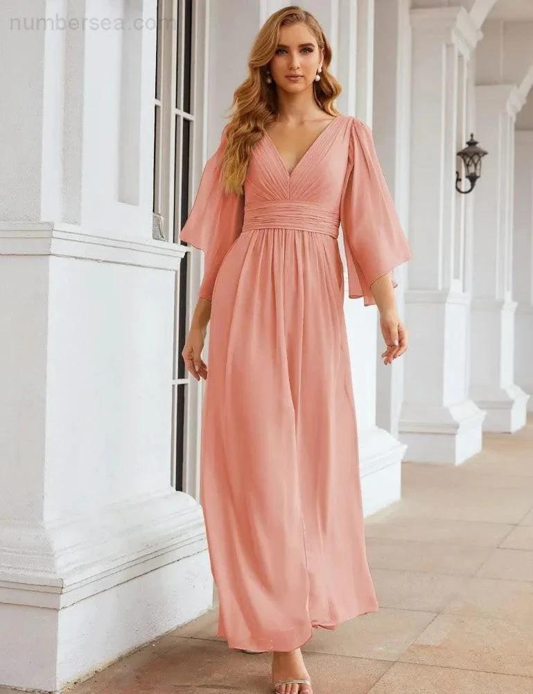 Numbersea Chiffon Bridesmaid Dresses with Split for Women Wedding Long Party Prom Gown Flutter Sleeve SEA28045 by numbersea