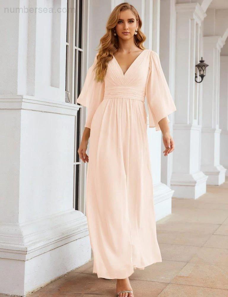 Numbersea Chiffon Bridesmaid Dresses with Split for Women Wedding Long Party Prom Gown Flutter Sleeve SEA28045 by numbersea