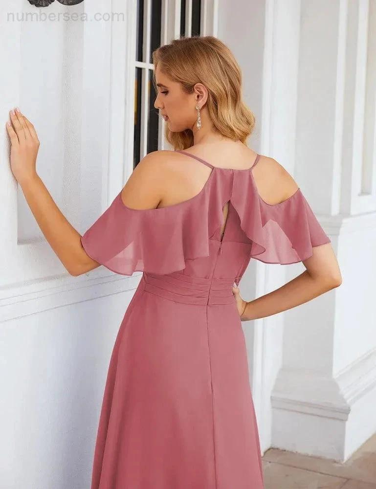Numbersea Chiffon Cold Shoulder Long Bridesmaid Dresses Plus Size Formal Prom Gowns for Women Party Wedding SEA28070 by numbersea